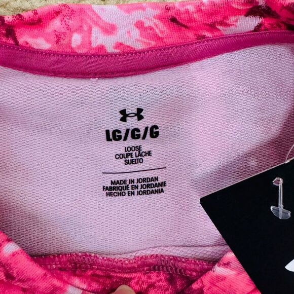 NWT Under Amour Women's Rival Terry Printed Crew T-Shirt in Pace Pink/White Sz L - Picture 9 of 12